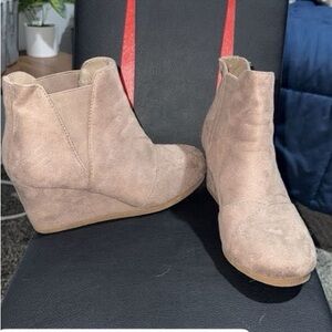 Suede Wedge Ankle Booties in Taupe